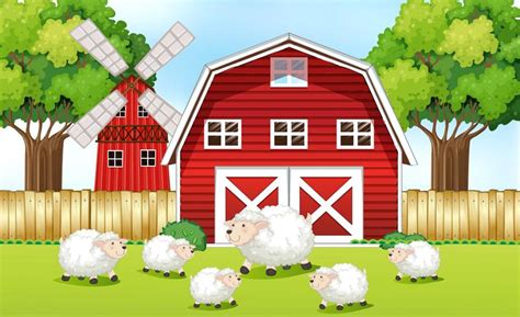 Sheeps in the farm with red barns 519900 Vector Art at Vecteezy