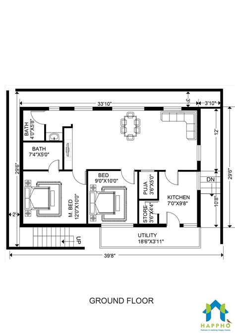 30 X 40 2 Bedroom Bath House Plans