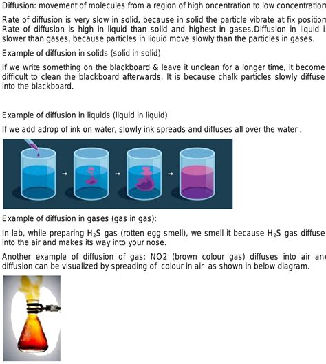 What is diffusion? Explain about diffusion in solid , liquid and gas with the help of suitable ...