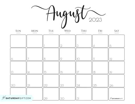 Elegant Printable Calendar 2023 SaturdayGift - Readers' Favorite