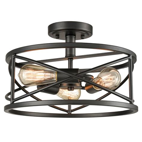 Rustic Semi Flush Ceiling Lights Black Drum Shade, 3-Light