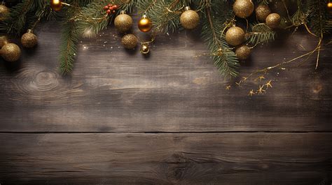 Christmas Rustic Background On Old Wood With Xmas Tree Twigs And Golden ...