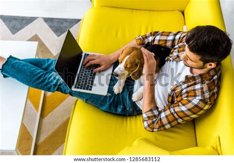 Overhead View Man Using Laptop On Stock Photo (Edit Now) 1285683112