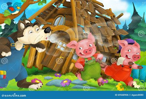 Cartoon Fairy Tale Scene with Wolf Blowing Off Wooden House and Running ...