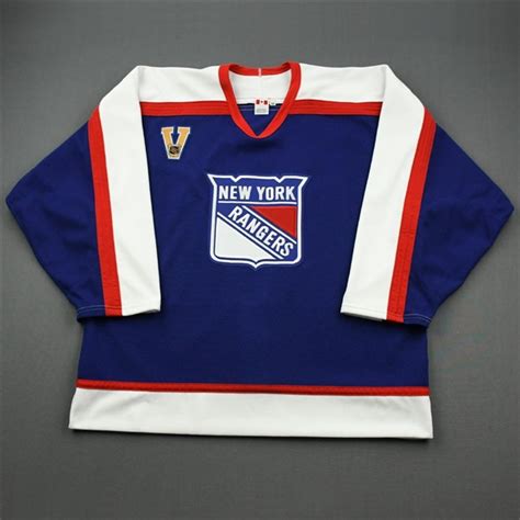 Lot Detail - New York Rangers - Blue Vintage Jersey w/ 'V' Patch AirKnit Material, Size 54