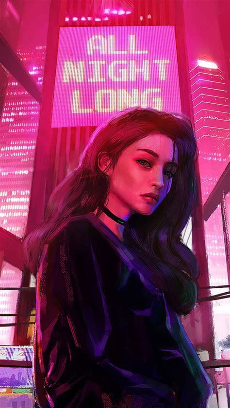 a woman with long hair standing in front of a neon cityscape at night