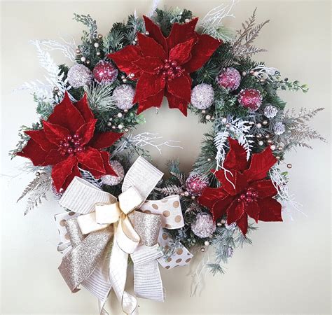 Red Poinsettia Wreath, Poinsettia Wreath, Christmas Poinsettia Wreath, Holiday Poinsettia Wreath ...