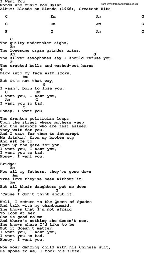 Bob Dylan song - I Want You, lyrics and chords