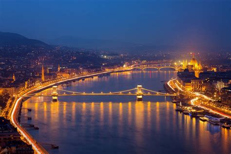 View of the Budapest night city and the Danube river, Hungary ...