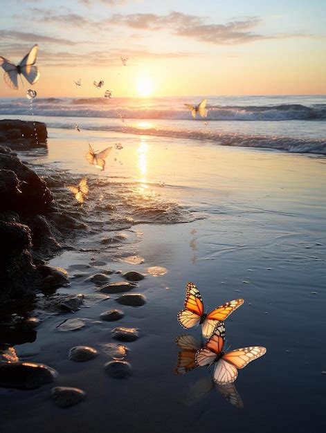 Premium AI Image | butterfly on a beach with a sunset in the background