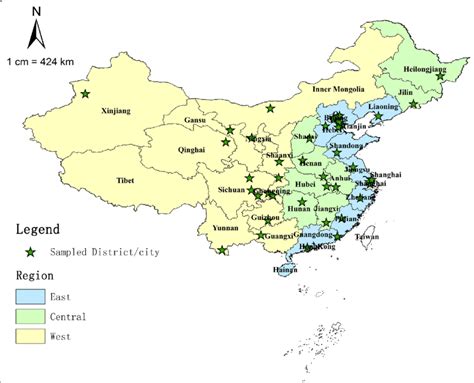 Map of China showing the East, Central, and West regions and sampled ...