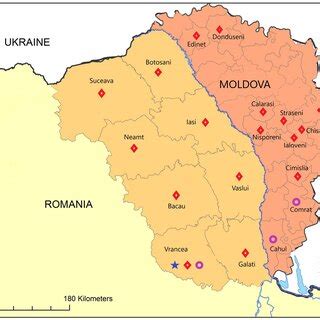 Map of Moldova and north-eastern Romania. The red circles represent the ...