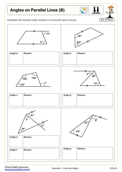 Calculating Angles on Parallel Lines with Transversals (B) Worksheet | PDF Printable Geometry ...