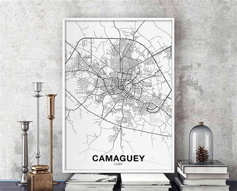 CAMAGUEY Cuba Map Poster Black White Hometown City Print Modern Home ...