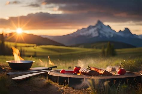 Premium Photo | Picnic in front of a mountain with a view of the ...