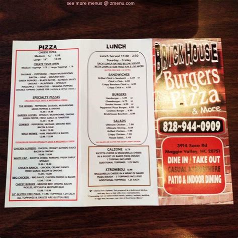 Menu at Brickhouse Burgers & Pizza pizzeria, Maggie Valley