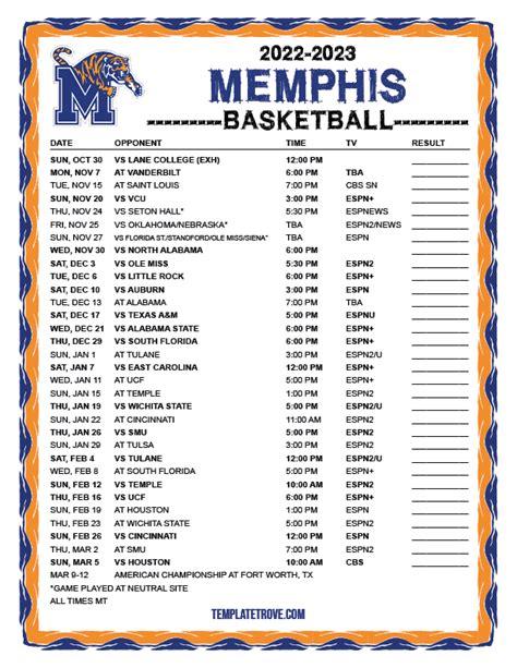 Printable 2022-2023 Memphis Tigers Basketball Schedule