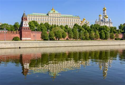 Moscow Kremlin with Cathedrals, Towers and Grand Palace Reflected in Moskva River, Russia Stock ...