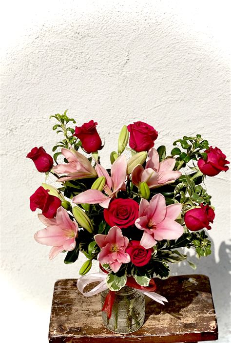 Red Roses & Pink Lilies Arrangement in Placentia, CA | Orchids Little Secret Boutique