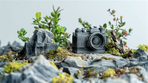 A Miniature Vintage Camera Model Set Amidst a Rocky Terrain with Plants Stock Illustration ...