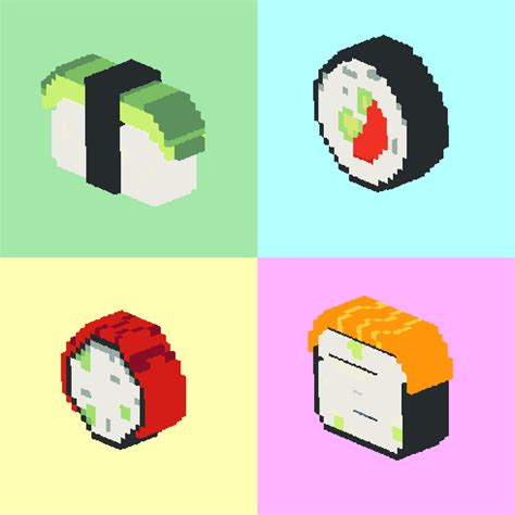 four different types of sushi in pixel art style, each with their own color scheme