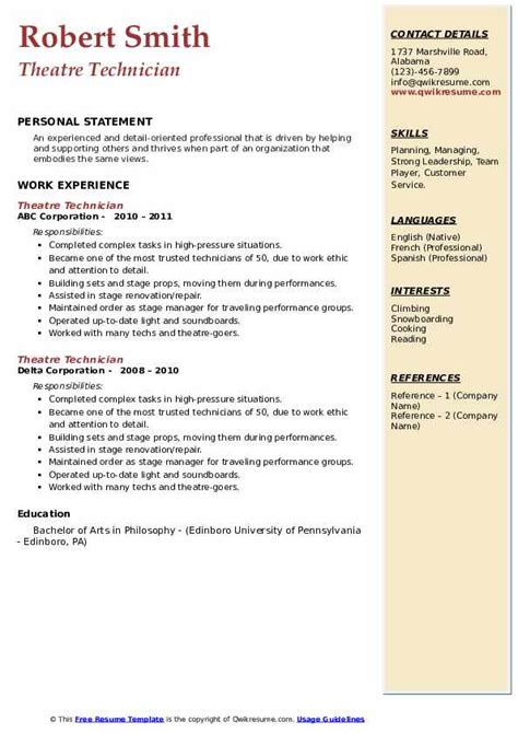 Theatre Technician Resume Samples | QwikResume