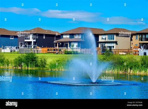 Urban living with a green space, a pond, houses and blue sky in ...