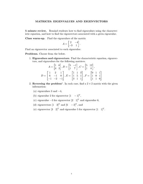 Matrices Eigenvalues and Eigenvectors - MATRICES: EIGENVALUES AND EIGENVECTORS 5 minute review ...