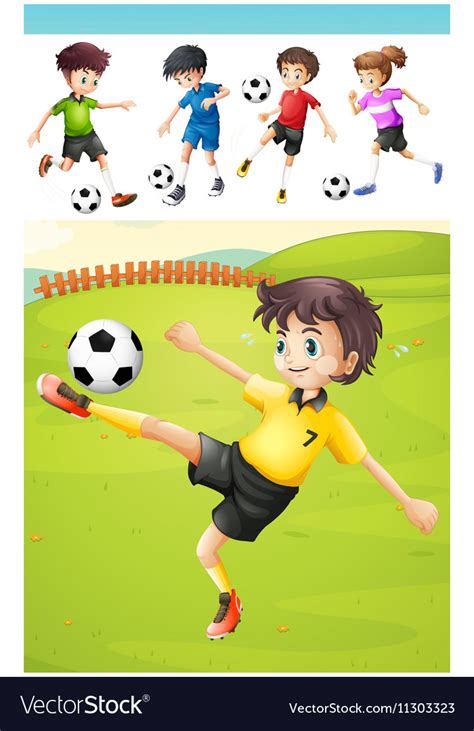 Kids playing football on the lawn Royalty Free Vector Image