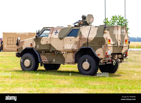 FELDKIRCHEN / GERMANY - JUNE 9, 2018: German ATF Dingo, from Bundeswehr, drives on a road at Day ...