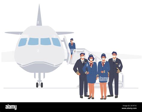 Airline cabin crew, pilot and stewardess in face masks standing in front of plane, flat vector ...