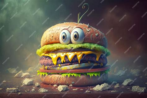 Premium AI Image | Bad and spoiled burger with face emotion Unhealthy fastfood AI generative