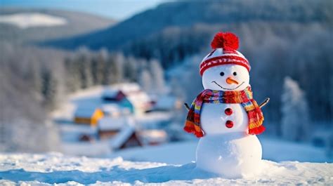 Premium AI Image | A snowman in a snowy landscape with a snowy mountain in the background