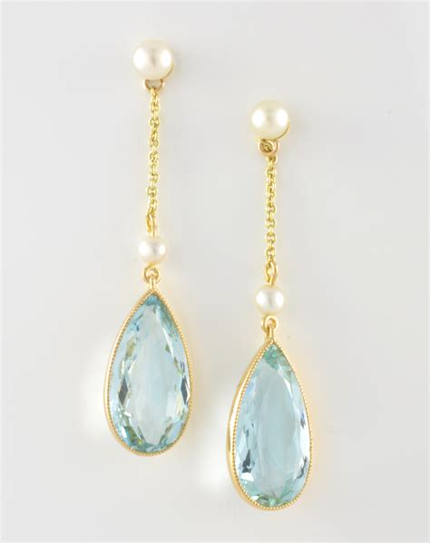 18ct gold aquamarine and pearl drop earrings