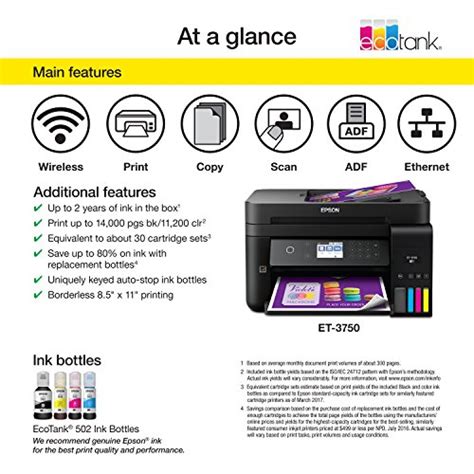 Epson WorkForce ET-3750 EcoTank Wireless Color All-in-One Supertank Printer with Scanner, Copier ...