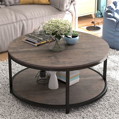 NSdirect 36 inches Round Coffee Table, Rustic Wooden Surface Top ...