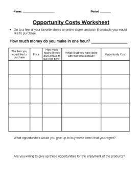 Opportunity Cost Worksheet by CARA CREATIONS | Teachers Pay Teachers