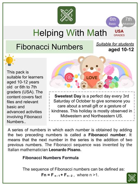 Fibonacci Numbers Sweetest Day Themed Math Worksheets & Activities