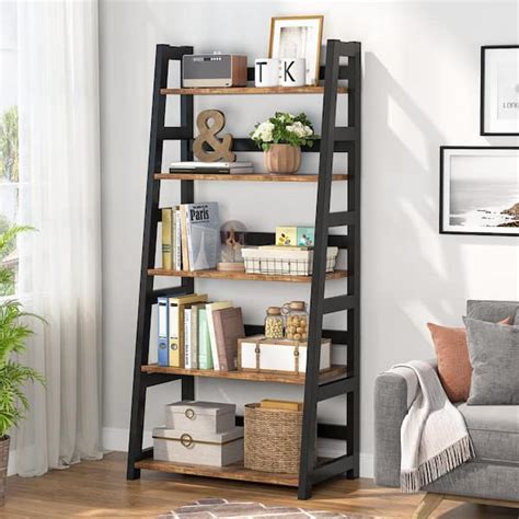 BYBLIGHT 56.5 in. Brown Wood 5-Shelf Ladder Bookcase Vintage Bookshelf ...