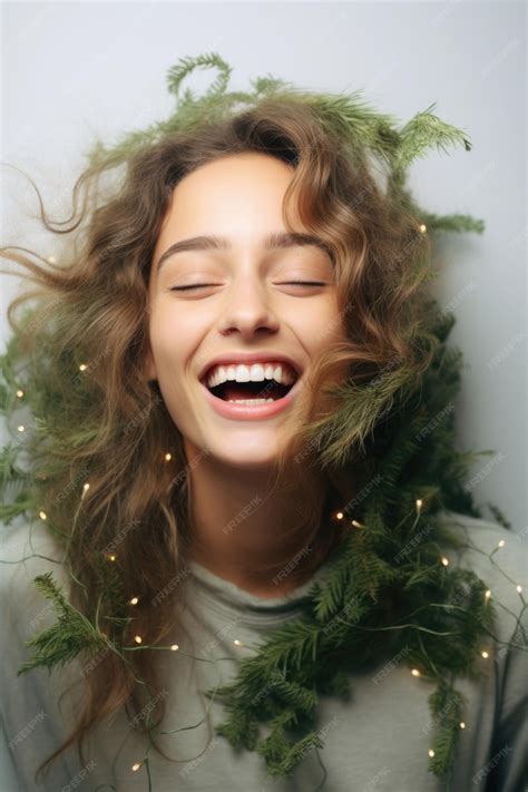 Premium AI Image | Portrait of a laughing cute girl decorated with Christmas tree branches and ...