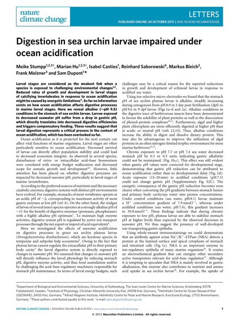 (PDF) Digestion in sea urchin larvae impaired under ocean acidification ...