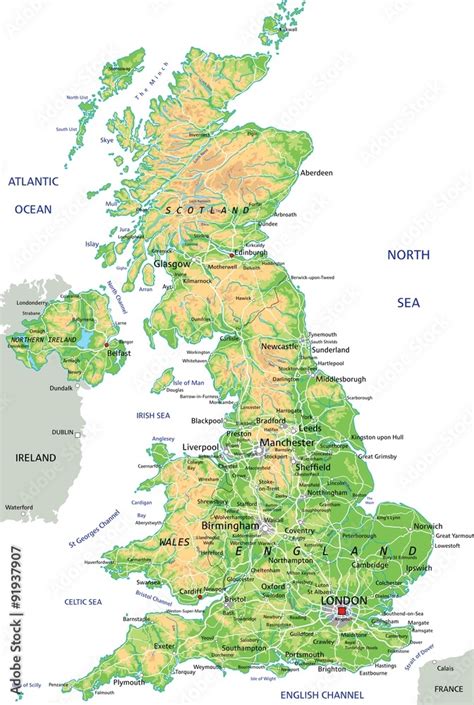 High detailed United Kingdom physical map with labeling. Stock Vector | Adobe Stock