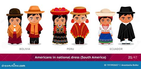 Bolivia, Peru, Ecuador. Men and Women in National Dress. Set of People Wearing Ethnic Clothing ...