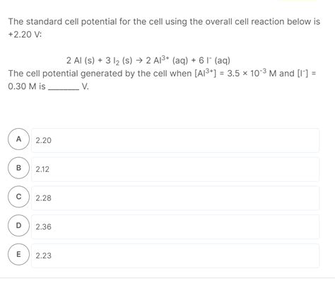 Solved The standard cell potential for the cell using the | Chegg.com