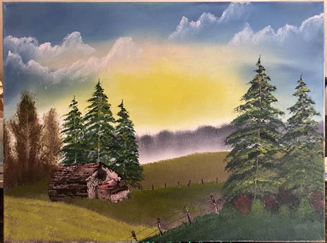 My 3rd time painting ever. Bob Ross Cabin at Sunset. Added a few clouds ...