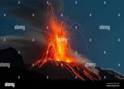 Volcano eruption on Stromboli Island, Eolian Island, Italy Stock Photo ...