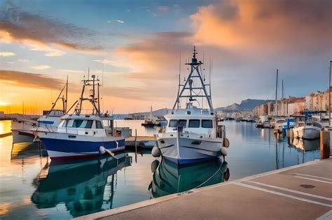 Premium AI Image | fishing boats in the harbor at sunset