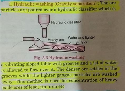 1. Hydraulic washing (Gravity separation) : The ore particles are poured