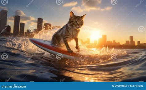 Cute Cat Surfing on a Surfboard in the Ocean Stock Illustration ...