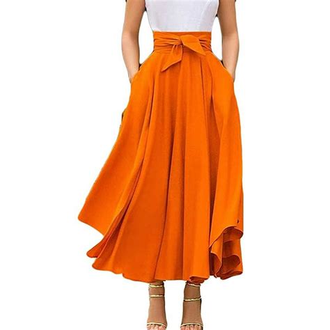 Multitrust - Multitrust Womens High Waist Flared Pleated Long Dress Gypsy Maxi Belted Skirt Full ...